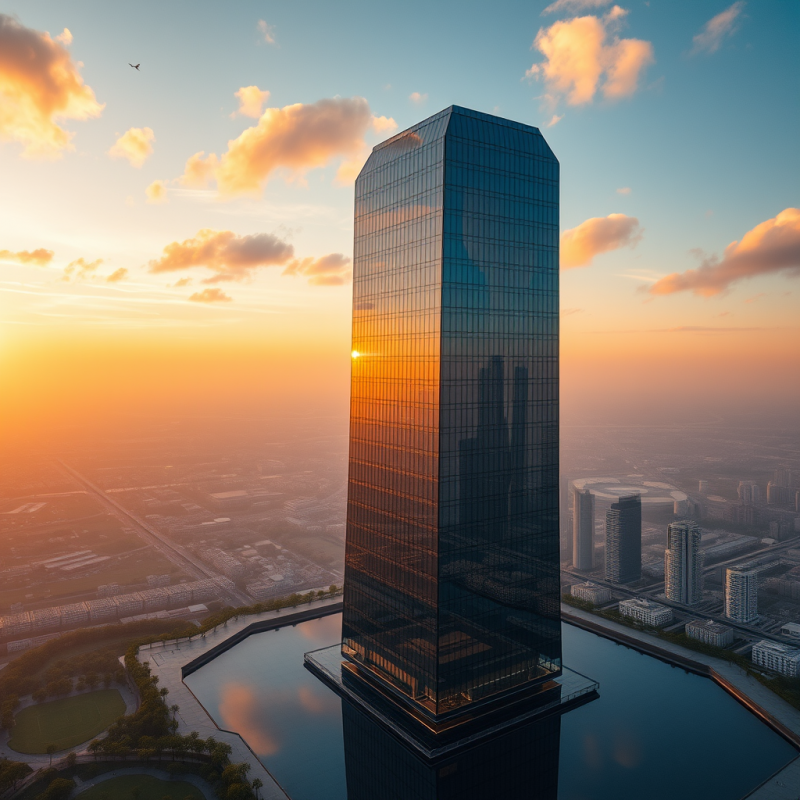 Aerial Drone Shot at Golden Hour of a Futuristic