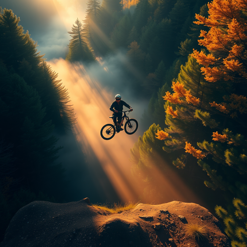 Mountain Biker Soaring Through Misty Forest