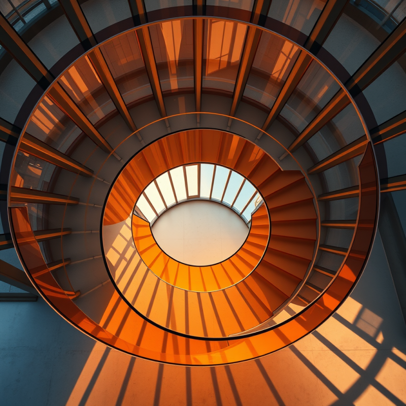 Aerial Drone Shot at Golden Hour of a Spiral Staircase Wr...
