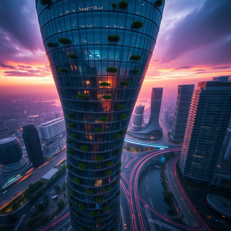 Aerial Drone Shot at Golden Hour of a Spiraling Glass-and...