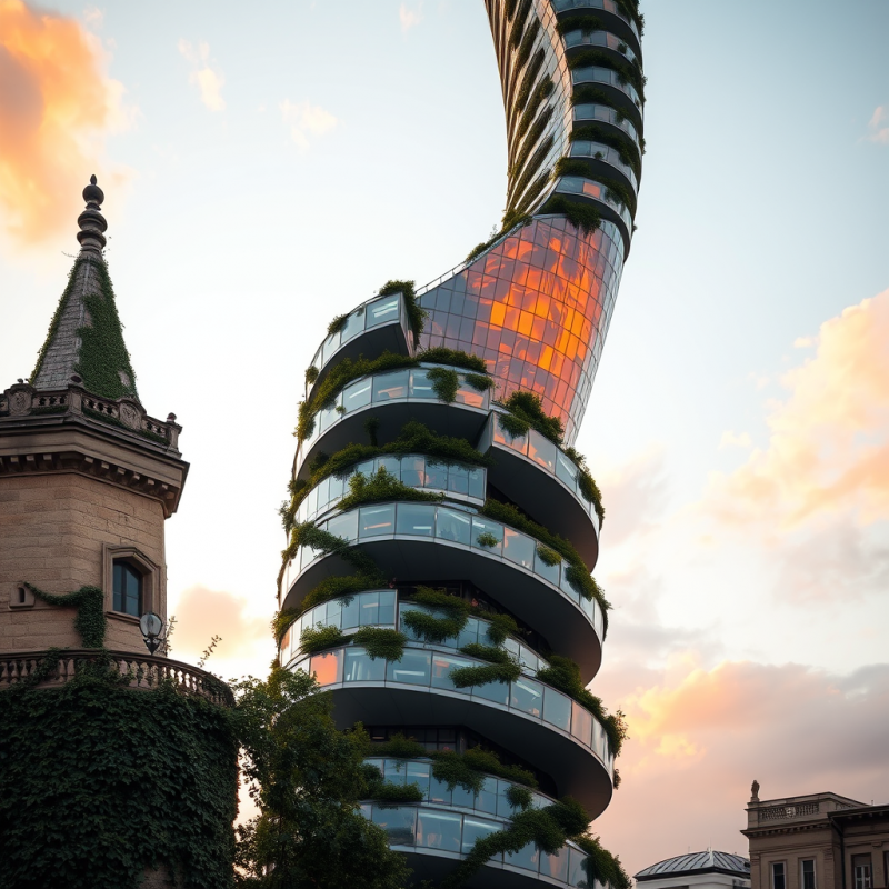 Aerial Drone Shot at Golden Hour of a Spiraling Glass-and...