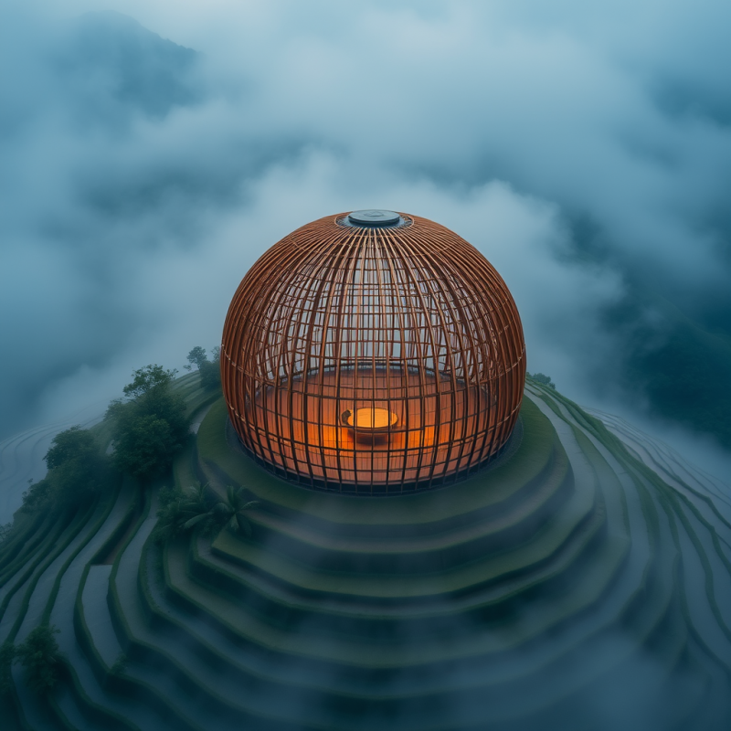 Aerial Drone Shot of a Bamboo Lattice Dome Structure Nest...