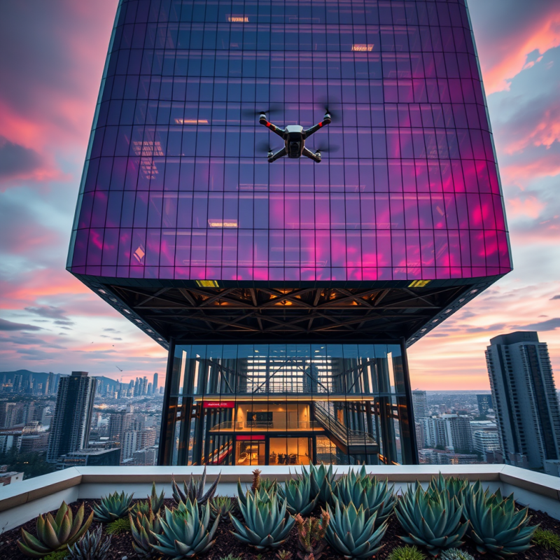 Aerial Drone Shot of a Futuristic Cantilevered Skyscraper...