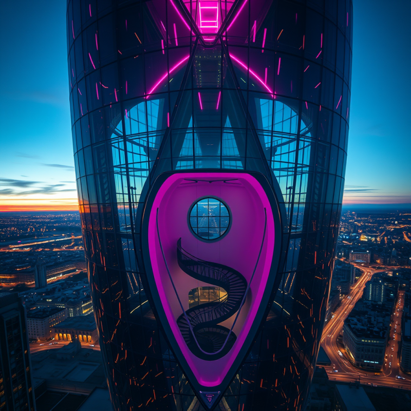 Aerial Drone Shot of a Futuristic Face-shaped Tower Glowi...