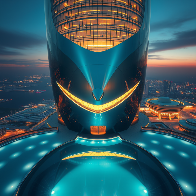 Aerial Drone Shot of a Futuristic Face-shaped Tower Glowi...