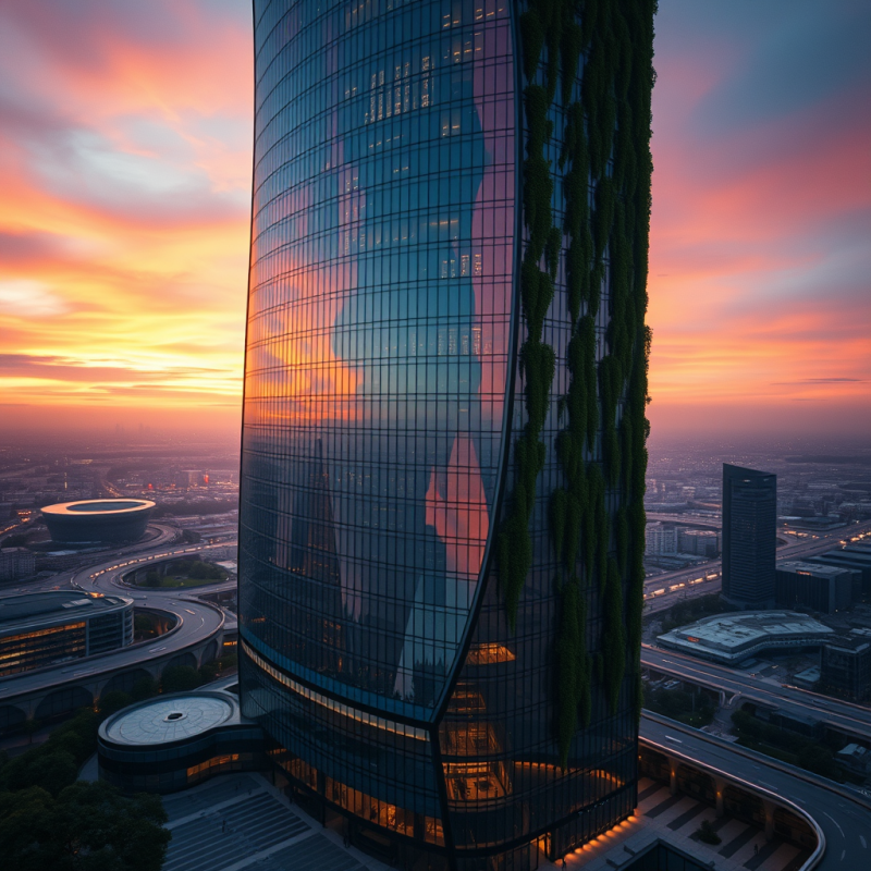 Aerial Drone Shot Of A Futuristic Glass-and-steel Skyscra...