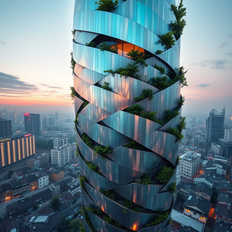 Spiral Green Tower at Sunset