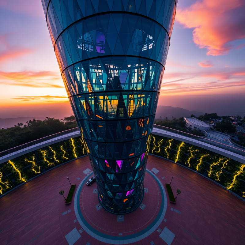 Aerial Drone Shot of a Glass-and-steel Spiral Tower at Dusk