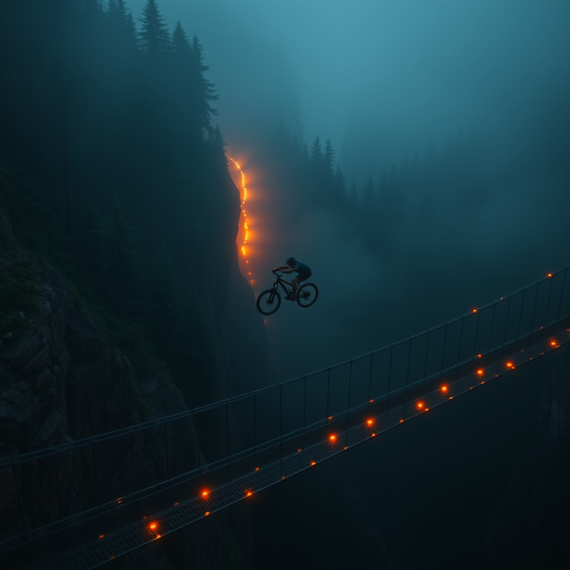 Biker on a Bridge in the Fog
