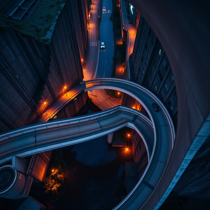 Aerial Drone Shot of a Spiral Concrete Bridge Winding Thr...