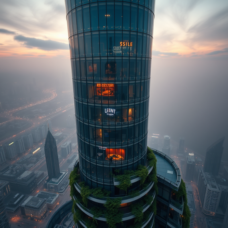 Aerial Drone Shot of a Spiral Glass Tower at Twilight