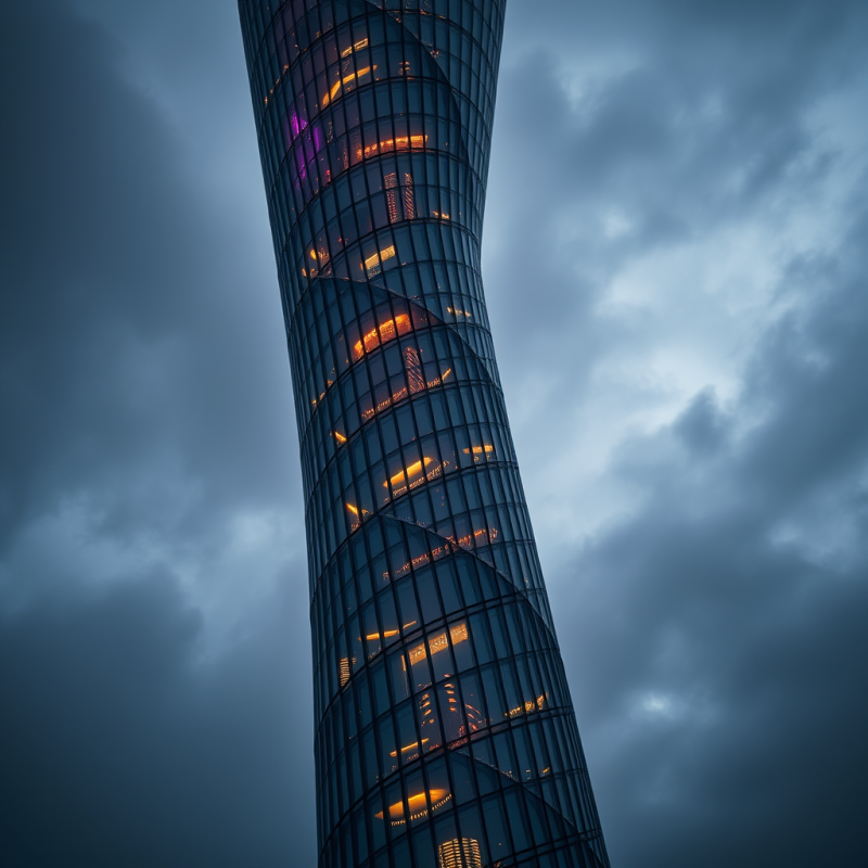 Aerial Drone Shot of a Spiral Glass Tower Twisting Upward...