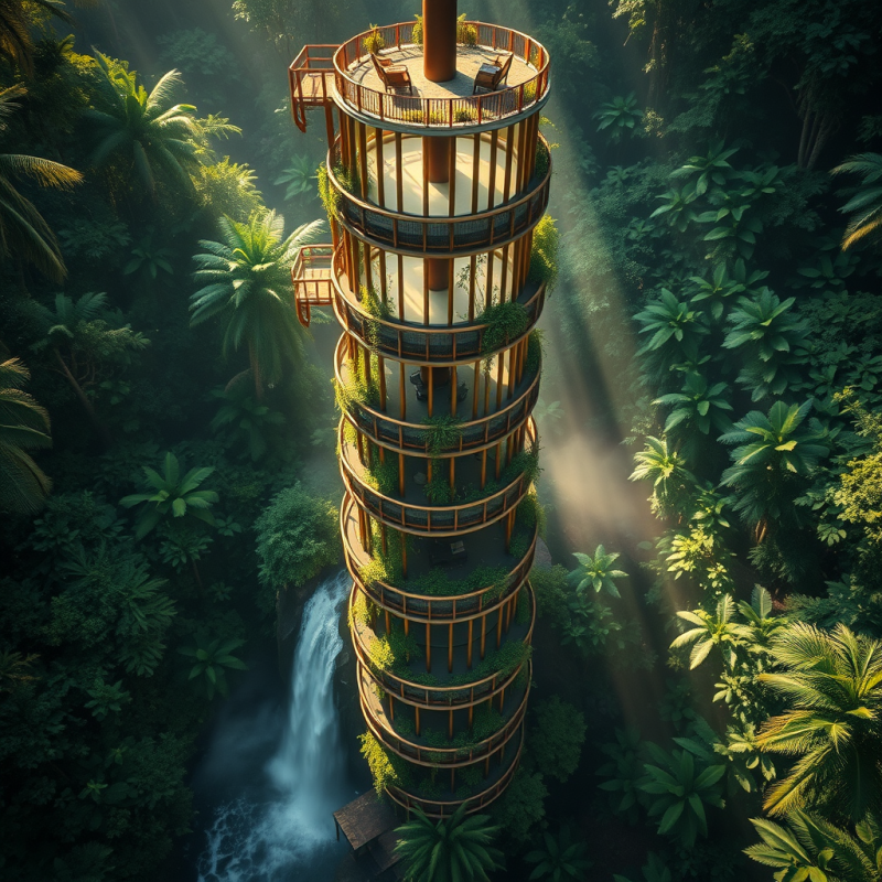 Aerial Drone Shot of a Spiraling Bamboo-and-glass Tower I...