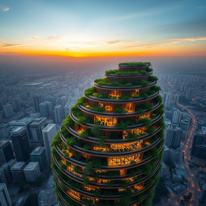 Aerial Drone Shot of a Spiraling Bamboo Skyscraper at Gol...