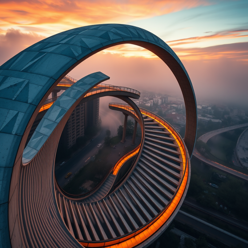 Aerial Drone Shot of a Spiraling Concrete Helix Bridge In...