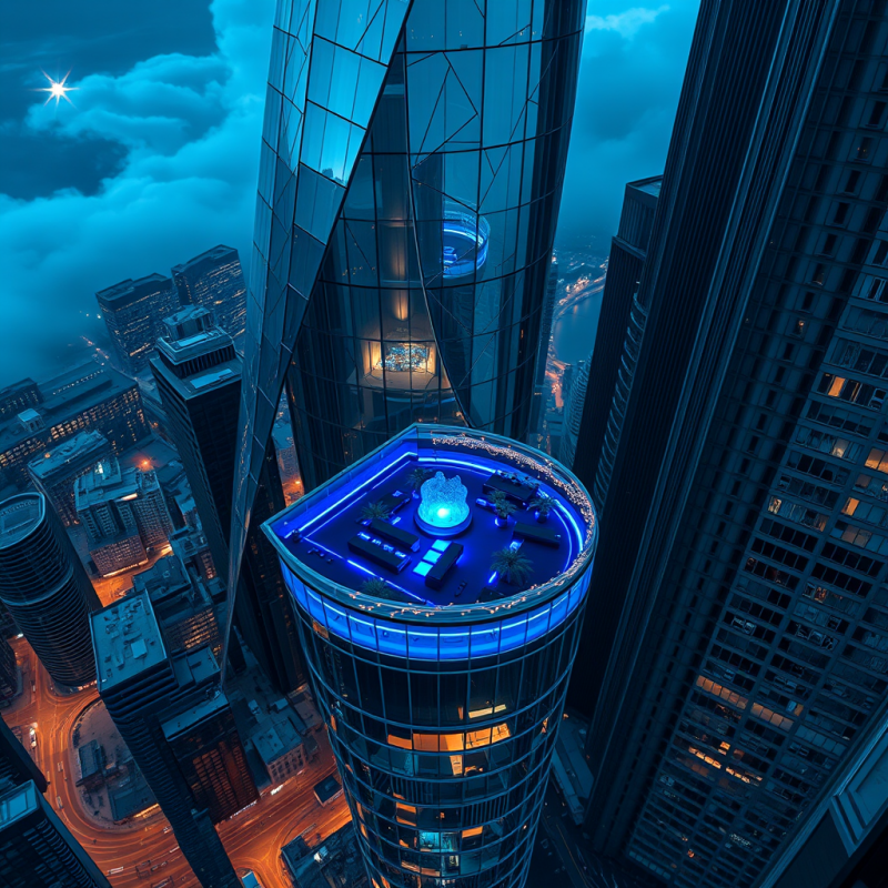 Aerial Drone Shot of a Spiraling Glass-and-steel Skyscrap...