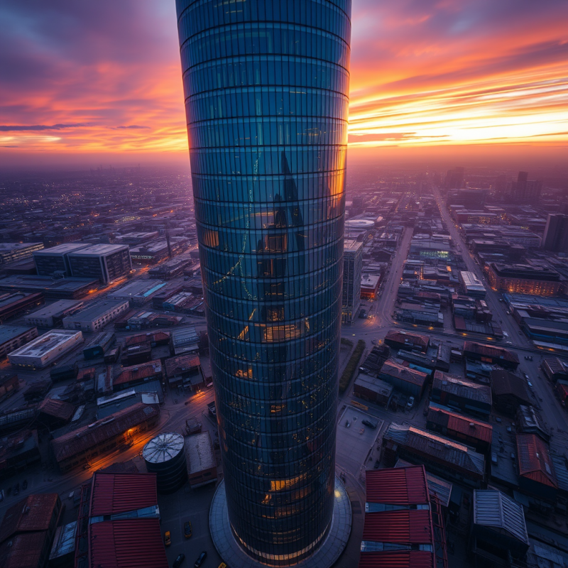 Aerial Drone Shot of a Spiraling Glass-and-steel Skyscrap...