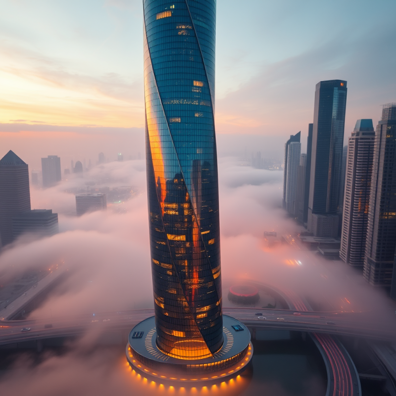 Aerial Drone Shot of a Spiraling Glass-and-steel Tower In...