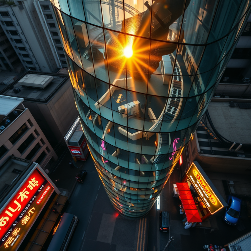 Aerial Drone Shot of a Spiraling Glass-and-steel Tower In...