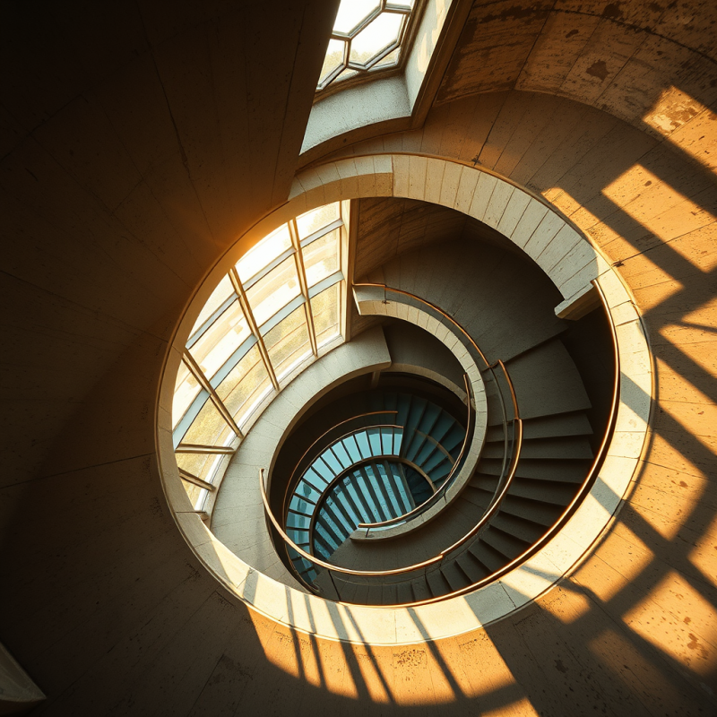 Aerial Drone Shot Of A Spiraling Glass Stairwell Inside A...