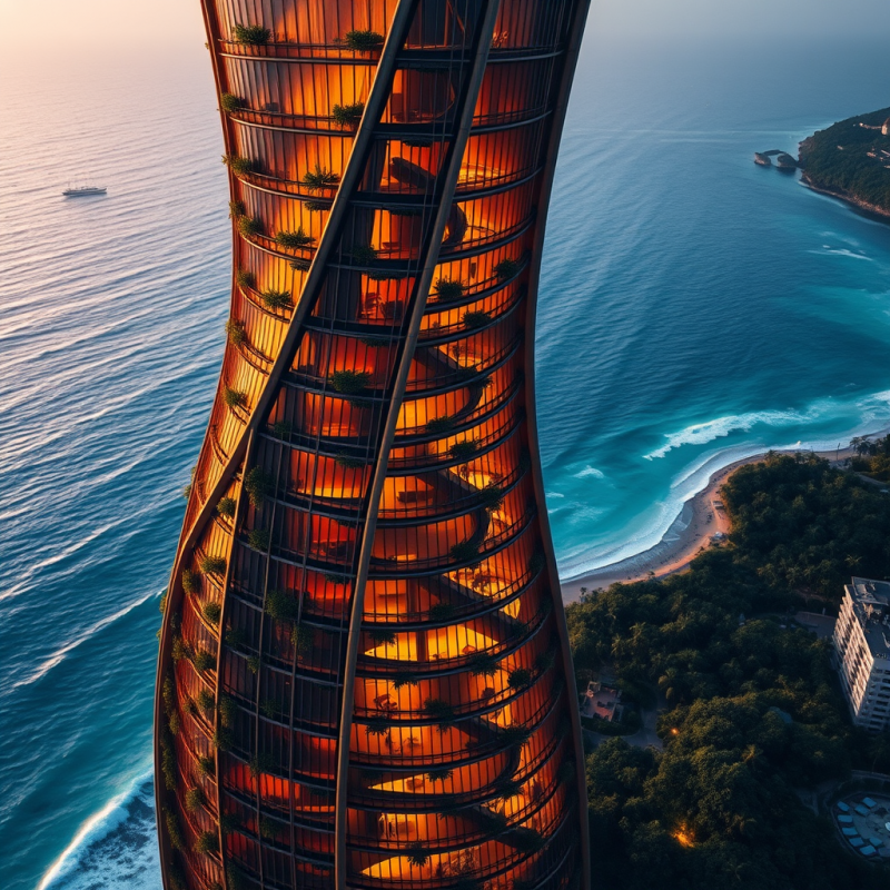 Aerial Drone View of a Futuristic Bamboo-and-steel Hybrid...