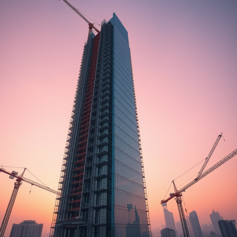 Aerial Shot at Golden Hour of a Futuristic Glass Skyscrap...