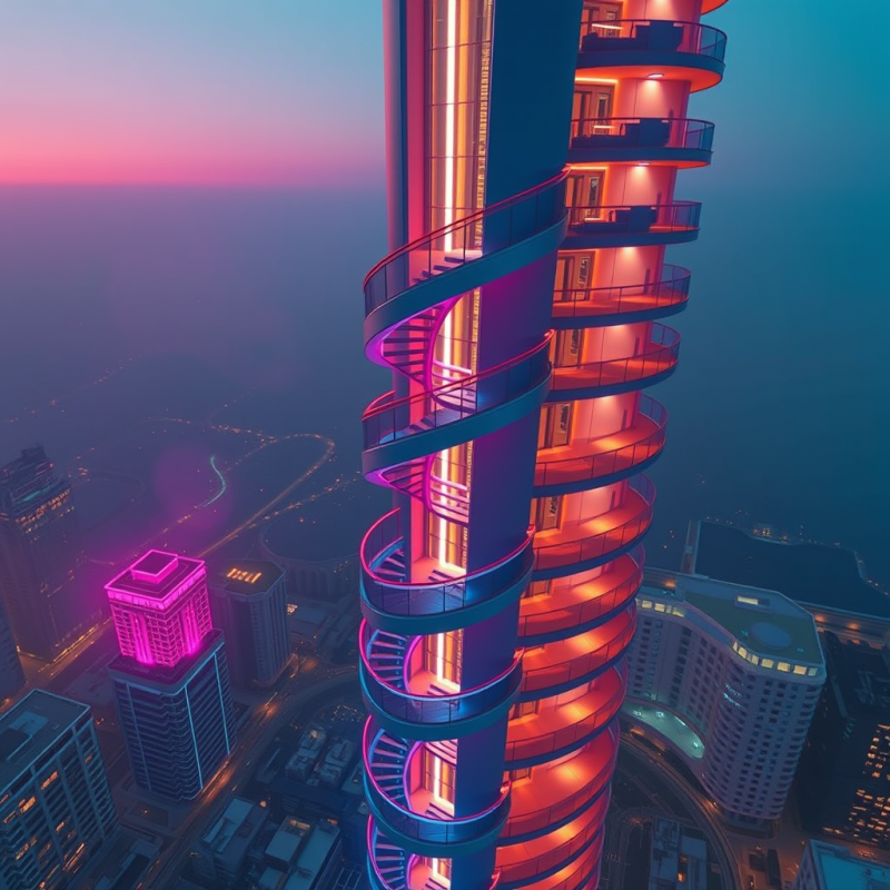 Aerial Shot At Golden Hour Of A Spiral Staircase Wrapping...