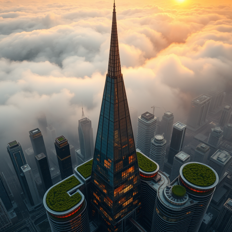 Aerial Shot of a Cathedral-inspired Glass and Steel Tower...