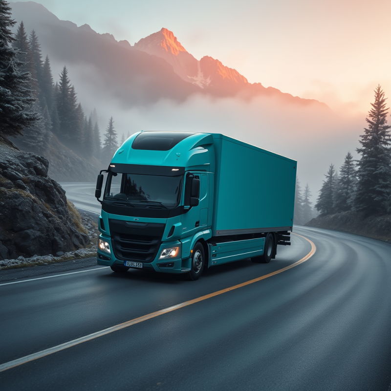 Aerial Shot of a Glowing Turquoise Hydrogen Fuel Cell Tru...