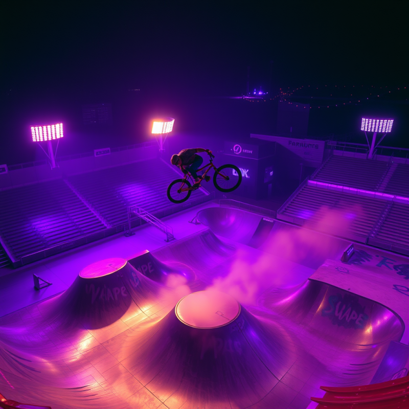Bmx Rider Mid-air Trick in Neon Skatepark