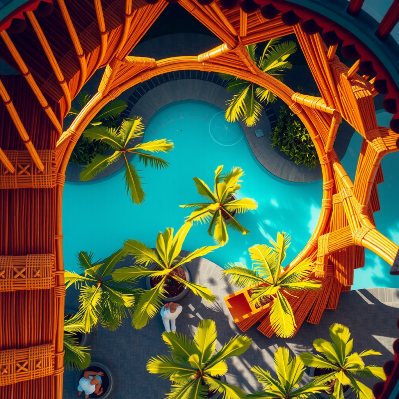 Aerial Shot of a Spiraling Bamboo Lattice Tower in Bali