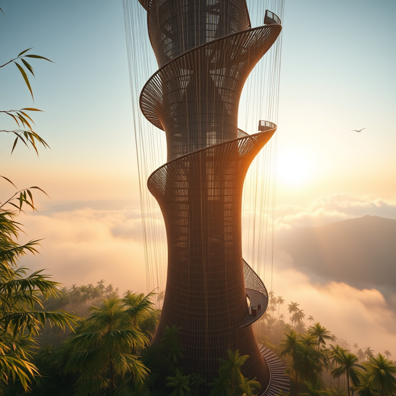 Aerial Shot of a Spiraling Bamboo-lattice Tower Rising Fr...
