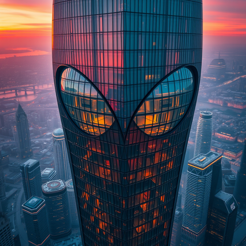 Aerial View at Golden Hour of a Futuristic Face-shaped To...