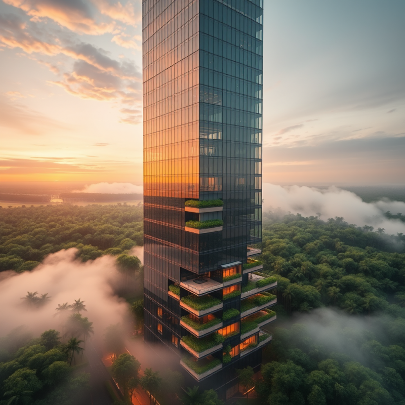 Aerial View at Golden Hour of a Futuristic Glass Skyscrap...