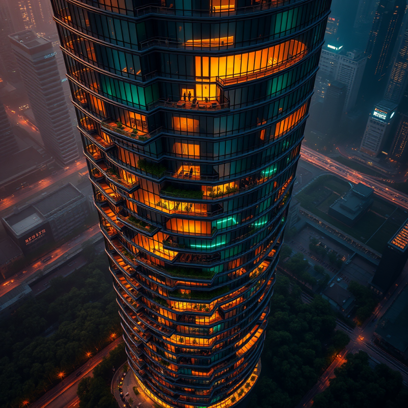 Aerial View at Golden Hour of a Futuristic Glass Skyscrap...