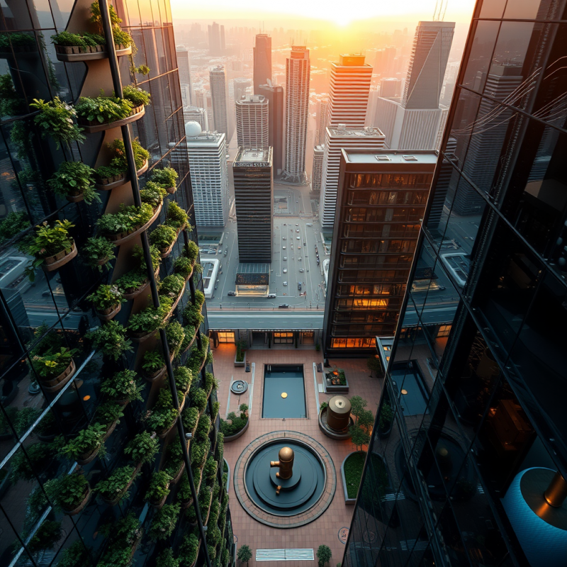 Aerial View At Golden Hour Of A Futuristic Glass Skyscrap...