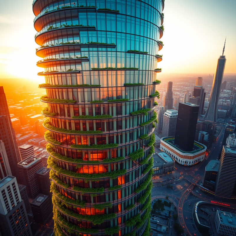 Glass Tower with Green Balconies at Sunset
