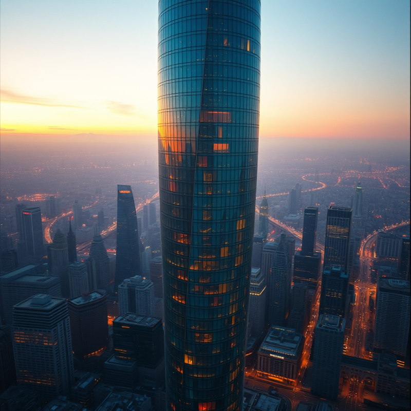 Aerial View At Golden Hour Of A Spiraling Glass Skyscrape...