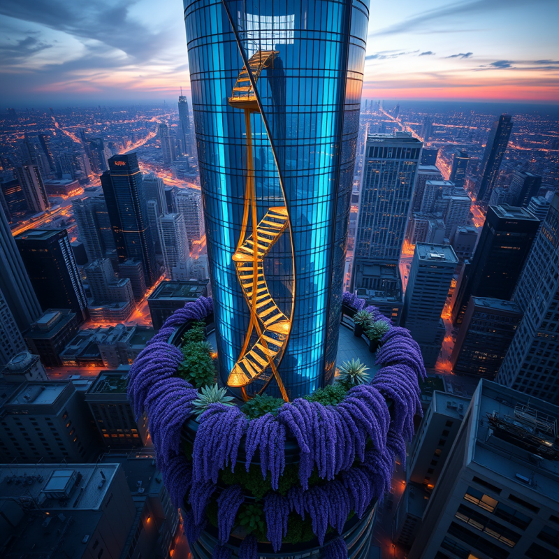 Aerial View at Twilight of a Futuristic Glass Skyscraper ...