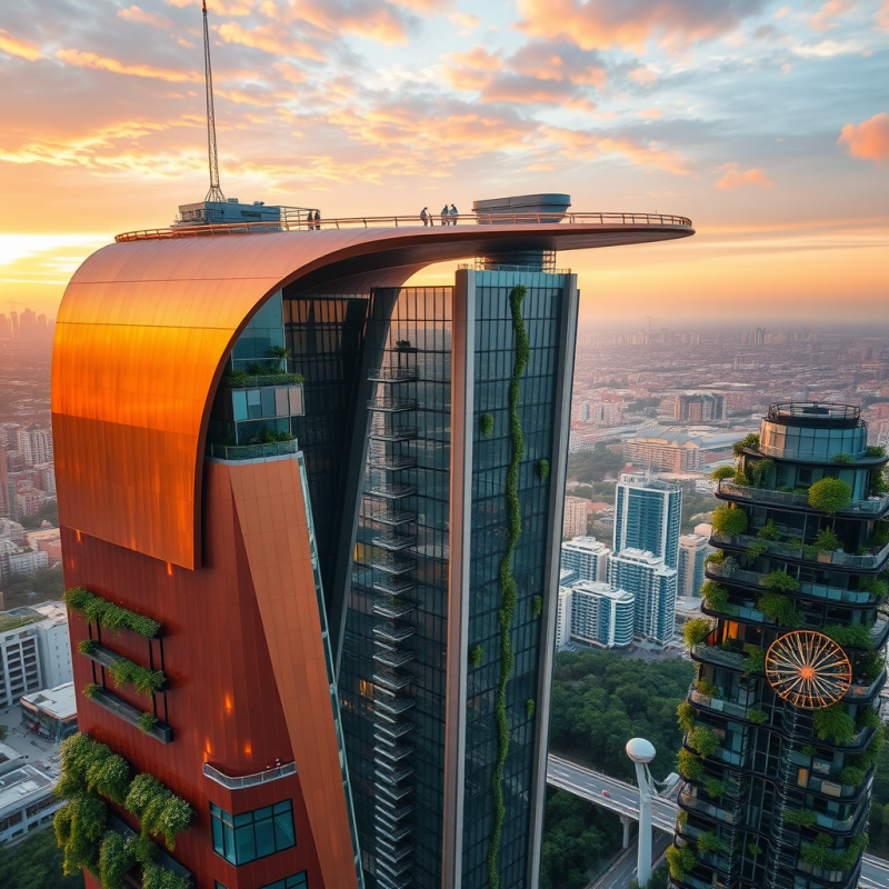 Aerial View of a Cantilevered Eco-tower at Dusk