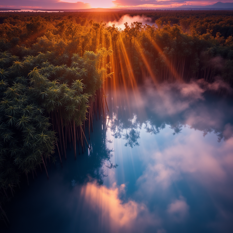 Aerial View of a Flooded Bamboo Forest at Twilight