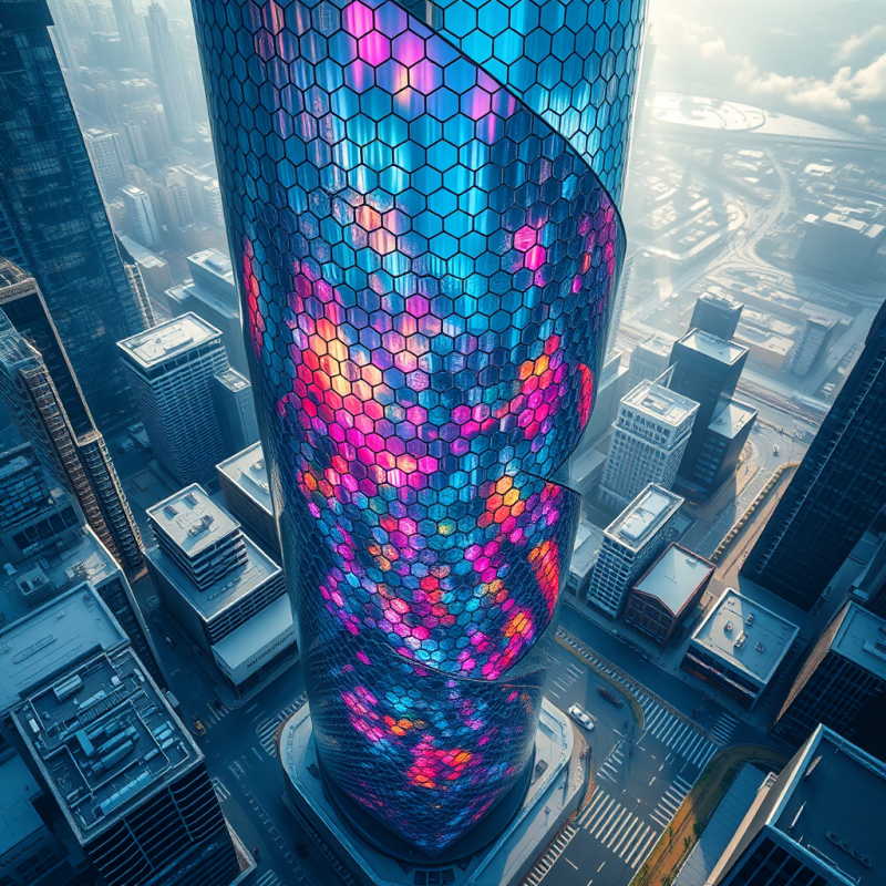 Aerial View Of A Futuristic 2026 Skyscraper With Iridescent