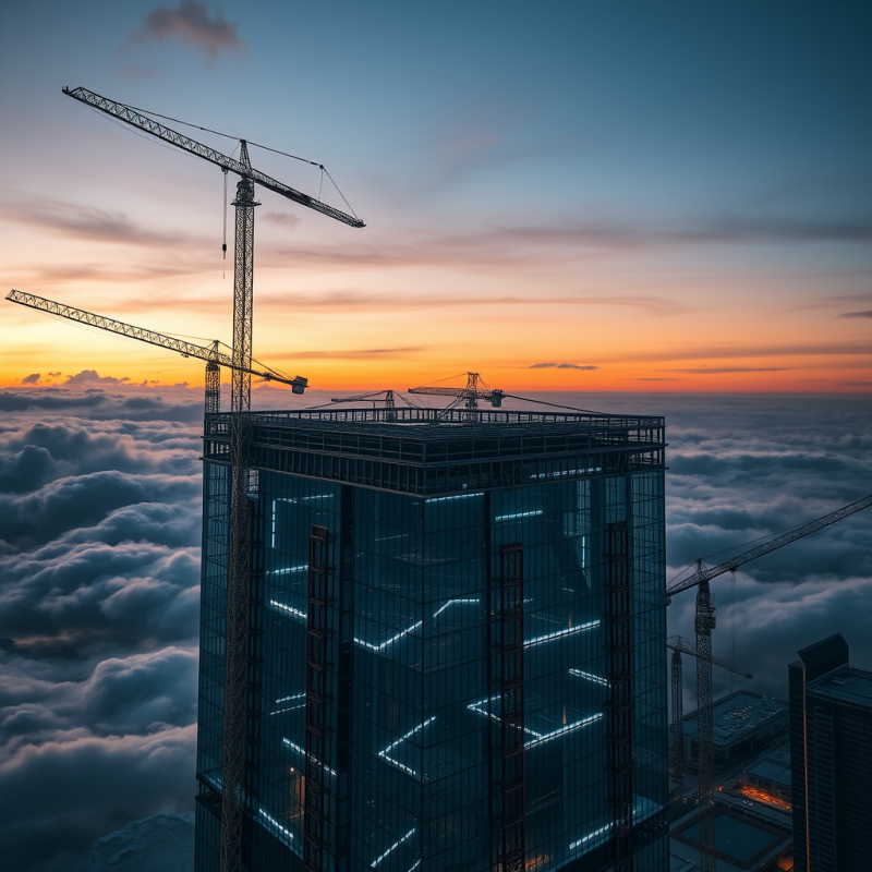 Aerial View Of A Futuristic Glass Skyscraper Under Constr...