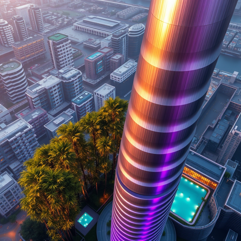 Aerial View of a Futuristic Spiral Tower at Dawn