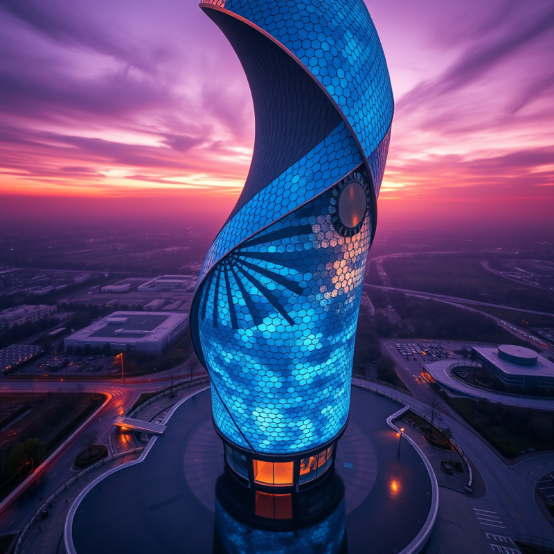 Aerial View of a Futuristic Spiral Tower at Twilight