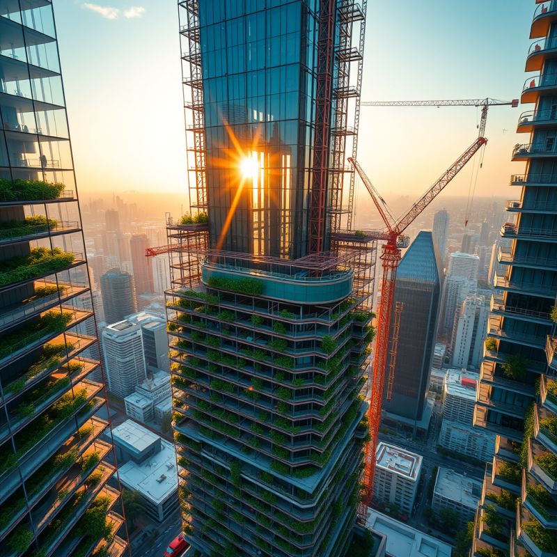 Aerial View Of A Glass-facade Skyscraper Under Constructi...