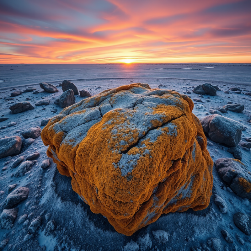 Aerial View of a Glowing Amber Lichen-covered Rock Format...