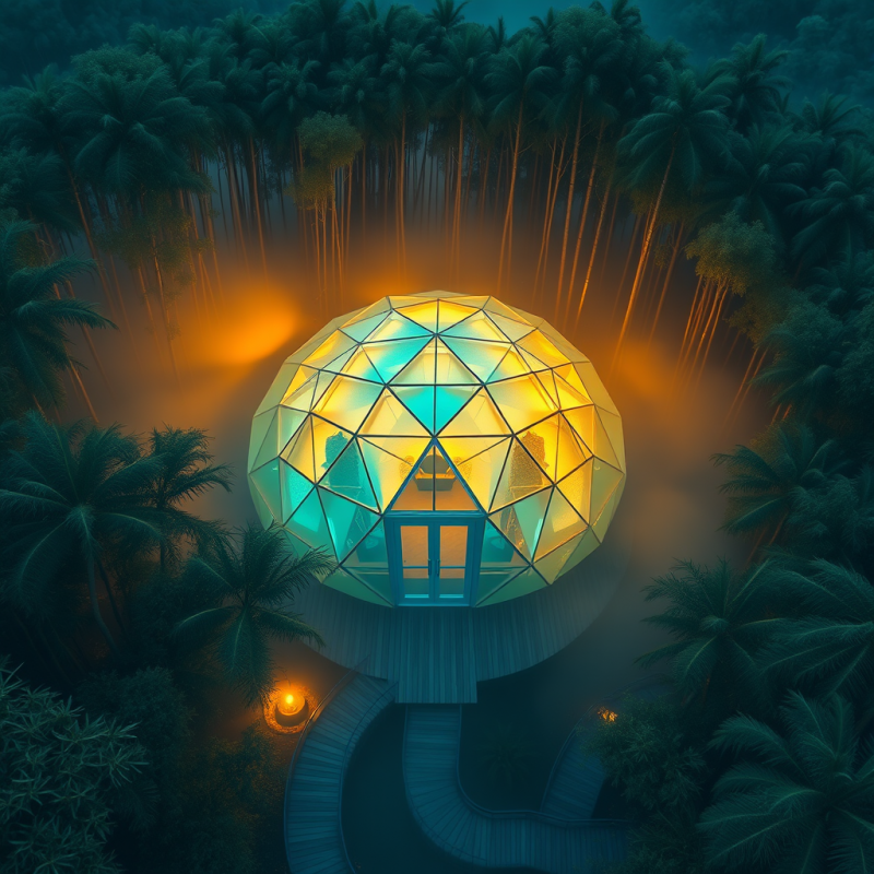 Aerial View of a Glowing Neon-blue Geodesic Dome Nestled ...