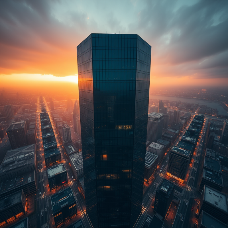 Aerial View of a Hexagonal Glass Skyscraper at Golden Hour