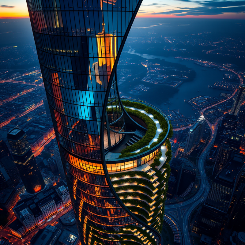 Aerial View of a Hyper-modern Spiral Skyscraper with Mirr...